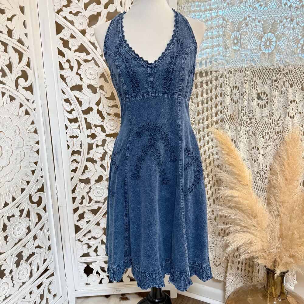 Scully Cotton Blend Cantina Collection Blue Embroidered Halter Dress M